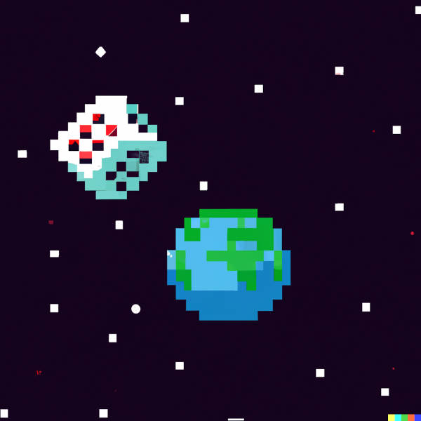 Un dado orbita intorno al pianeta Terra, pixel art